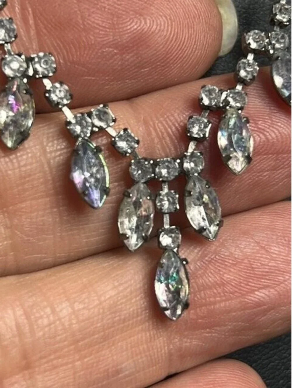 B6651 SP Avon Dainty Rhinestone Necklace Marquise AB Crystal Dark Tone 16